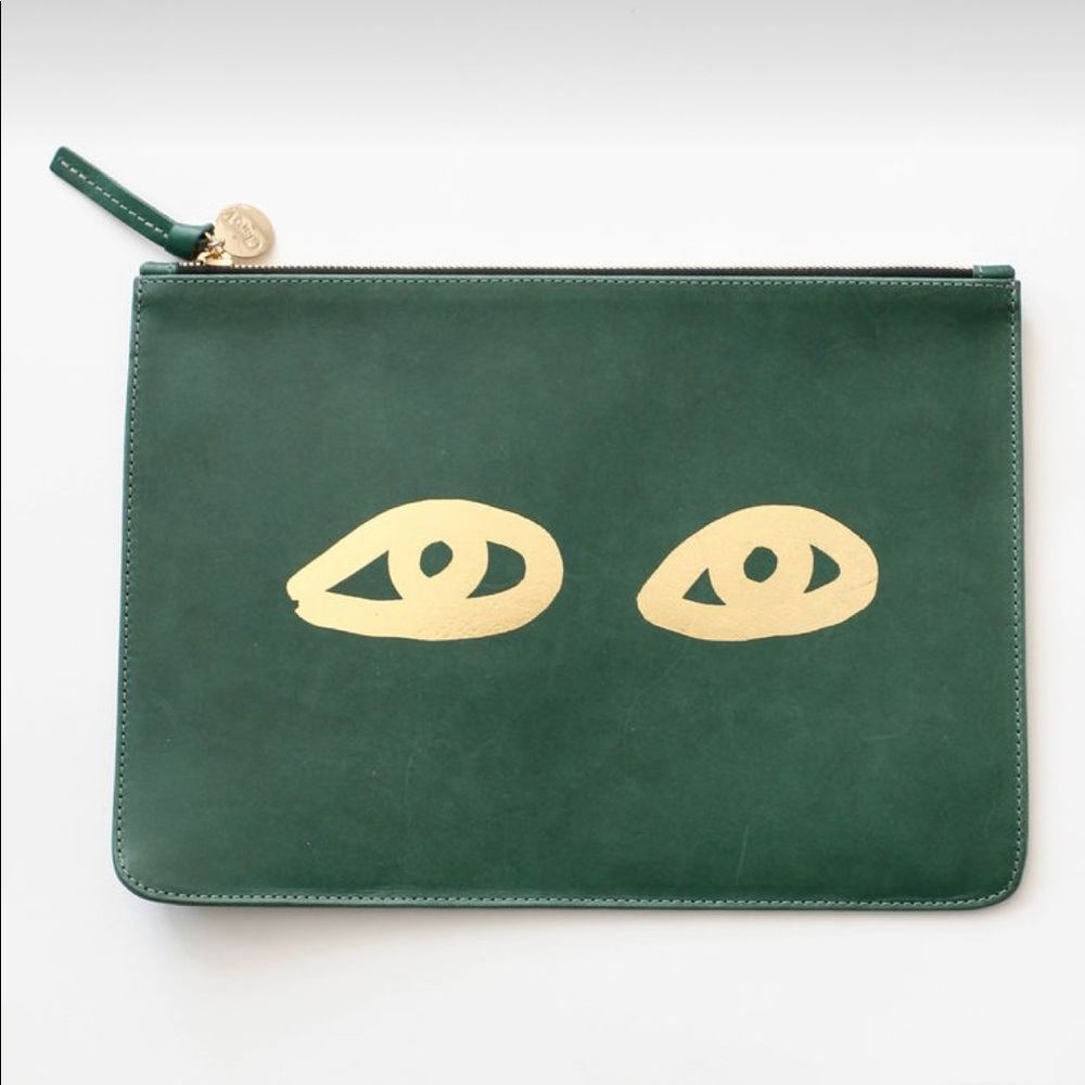 CLARE V FLAT CLUTCH - JADE VEG WITH GOLD EYES